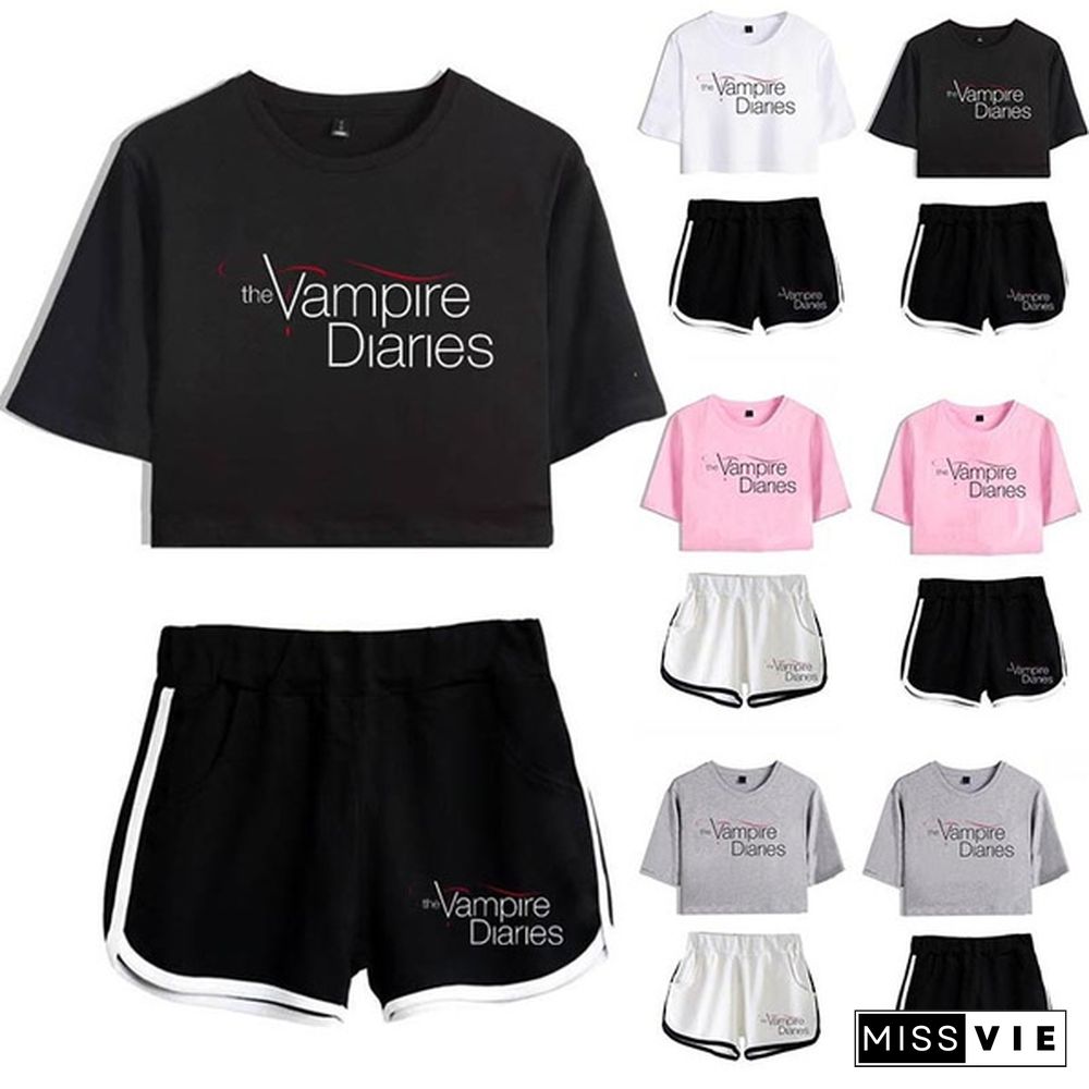 Summer Funny the Vampire Diaries Two Piece Set Summer Harajuku Cotton Print Crop Top T Shirt and Shorts