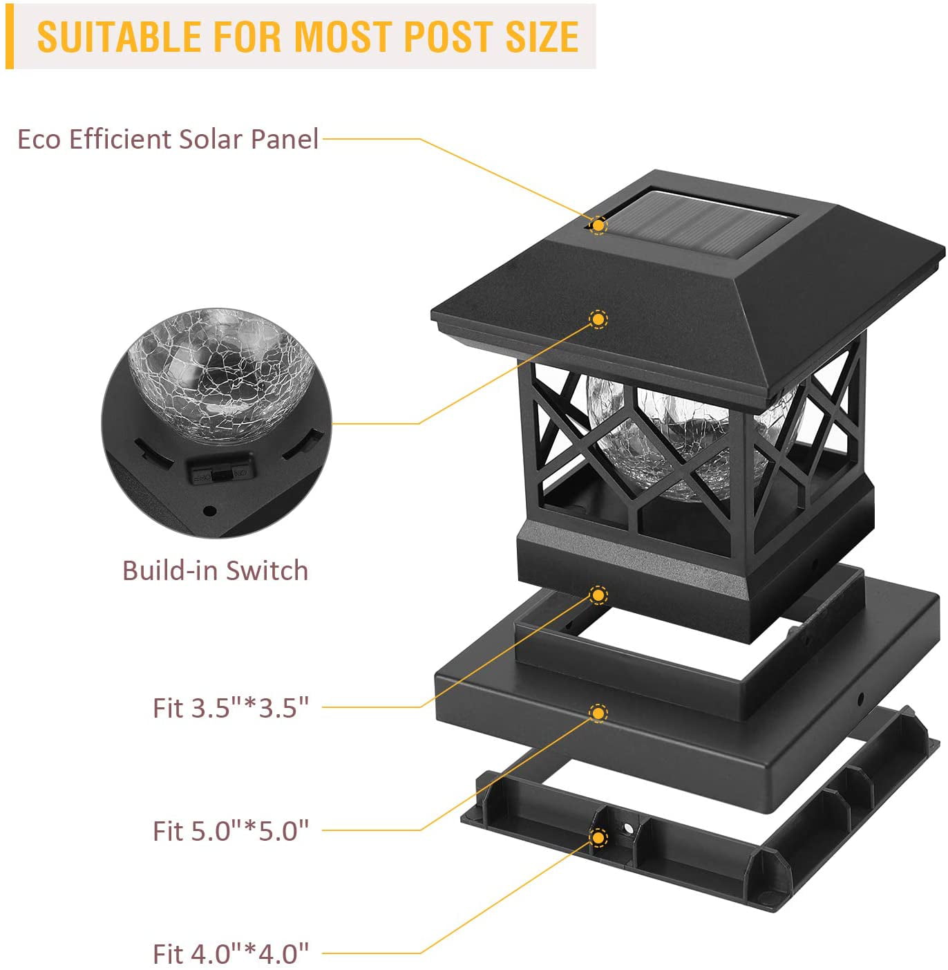 Solar Post Cap Lights Outdoor - Waterproof LED Fence Post Solar Lights for 3.5x3.5/4x4/5x5 Wood Posts in Patio， Deck or Garden Decoration