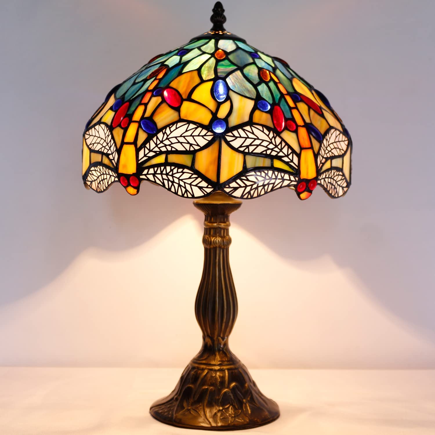 SHADY Tiffany Lamp Sea Blue Yellow Stained Glass Dragonfly Style Table Lamp Nautical Reading Desk Bedside Light 12X12X18 Inches Decor Bedroom Living Room Home Office S128 Series