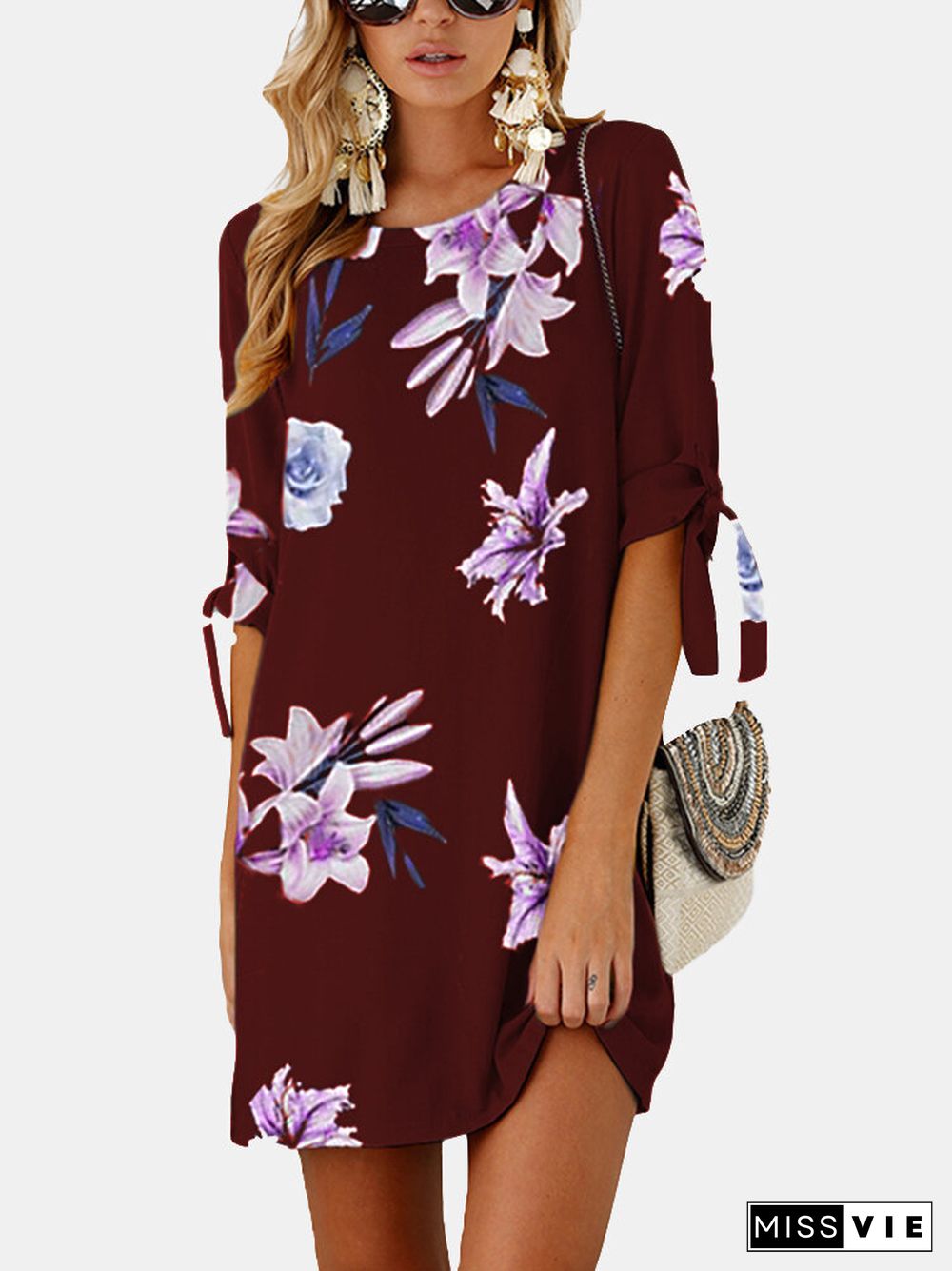 Floral Printed O-neck Half Sleeve Midi Dress