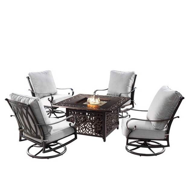 Square Outdoor Aluminum Fire Table amp 4 Swivel Rocking Chairs amp A Wind Blocker Oakland Living