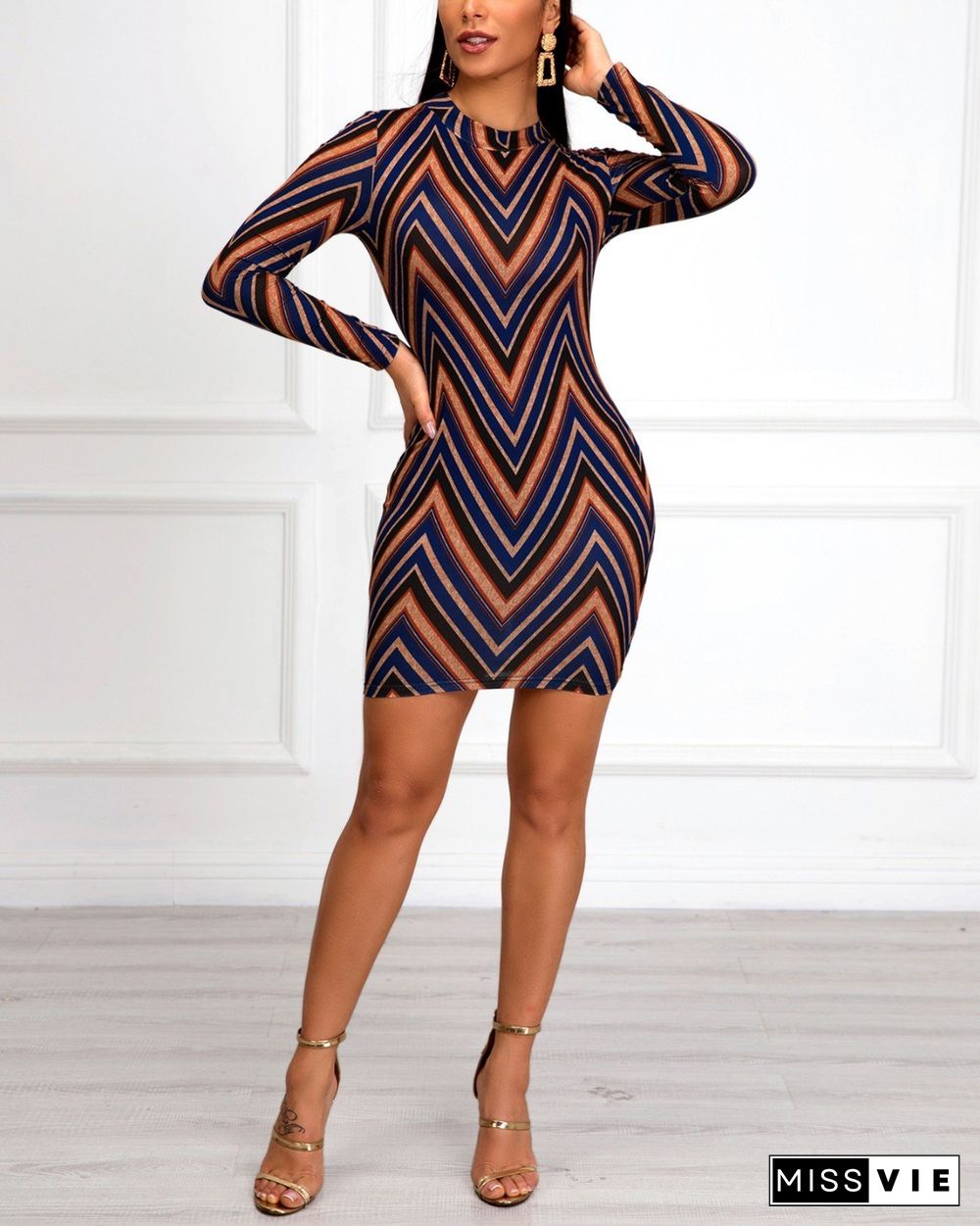 Chevron Stripes Long Sleeve Bodycon Dress P10728