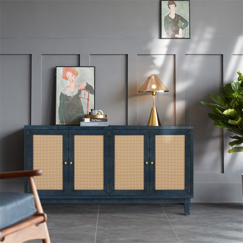 Modern Handcrafted Rattan Accent Storage Cabinet With 4 Rattan Doors and Adjustable Shelves