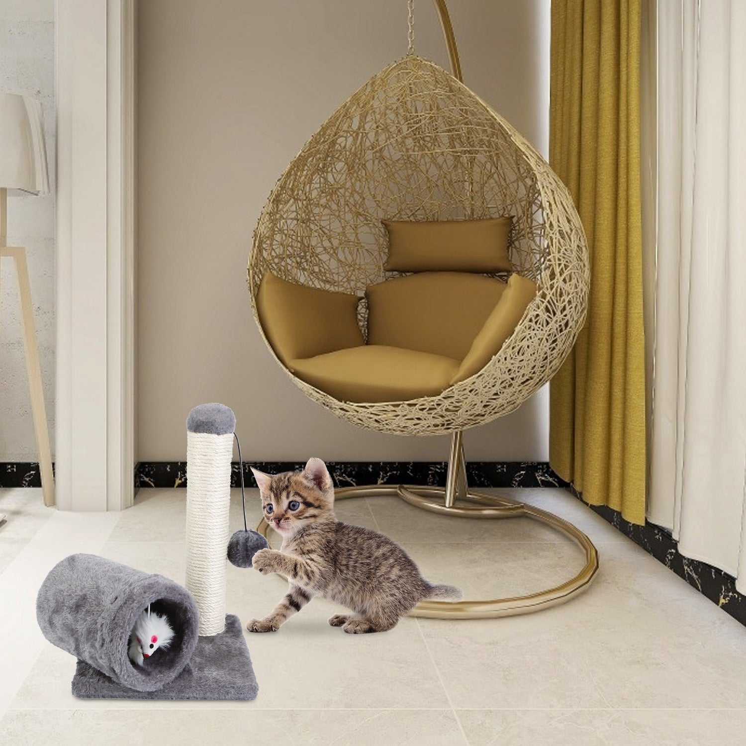 iMountek Cat Scratching Post Cat Kitten Sisal Scratch Post Toy with Tunnel and Lifelike Mouse Toy Pet Activity Play Fun