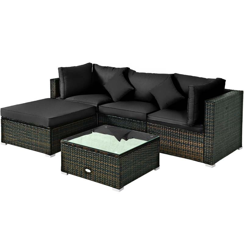 5 Pcs Outdoor Patio Rattan Furniture Sectional Sofa Set Wicker Conversation Set with Cushions