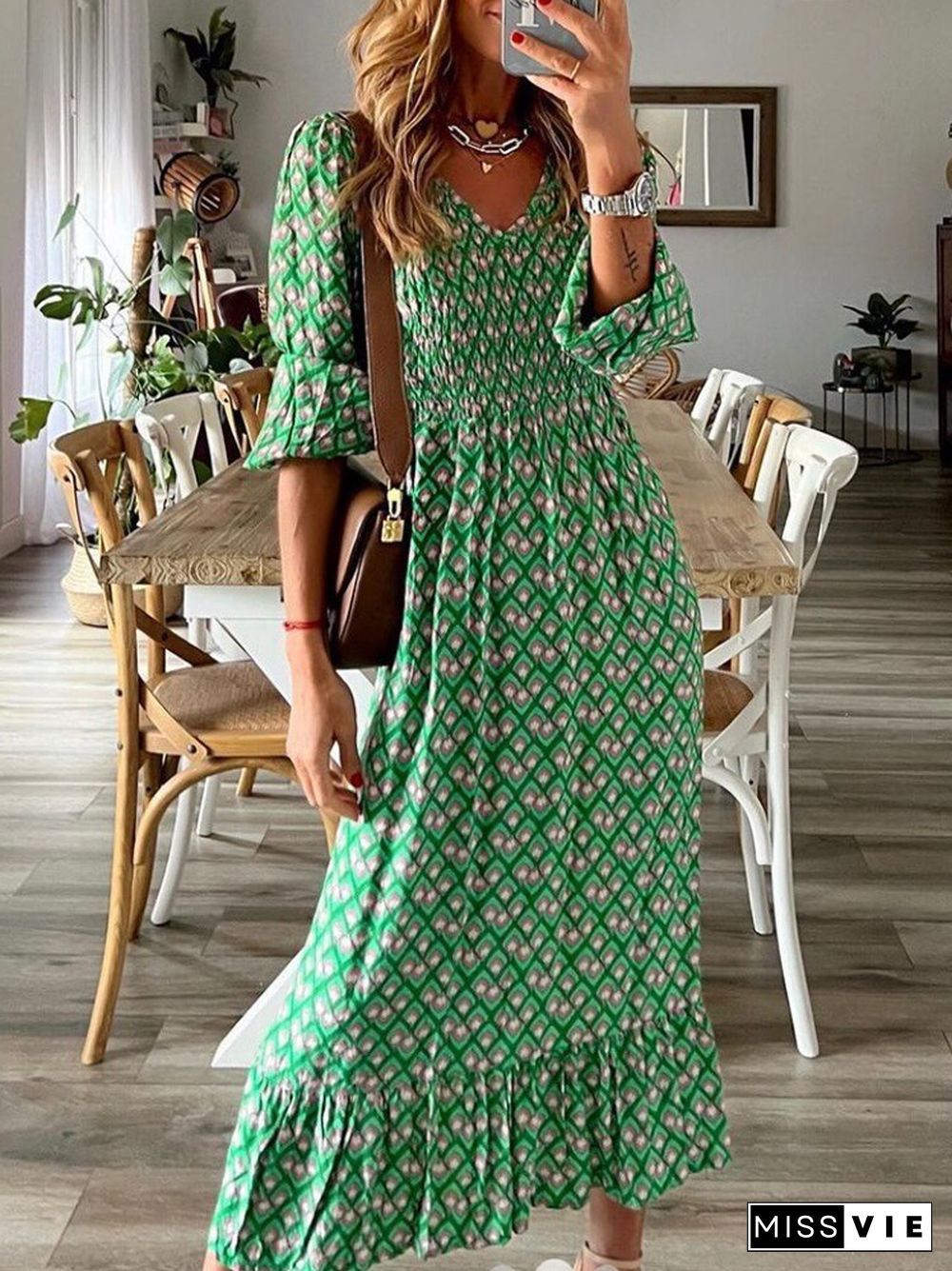 Women Fashion Pattern Printed Long Beach Dresses Female Casual Half Sleeve V-Neck Dress New Summer Elegant Loose Maxi Dress