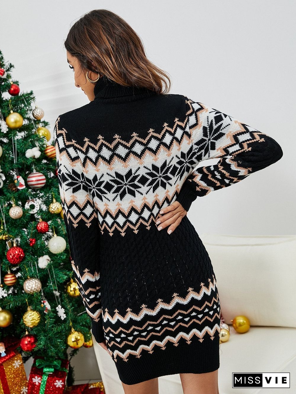 High Neck Snowflake Printed Knit Sweater Dress