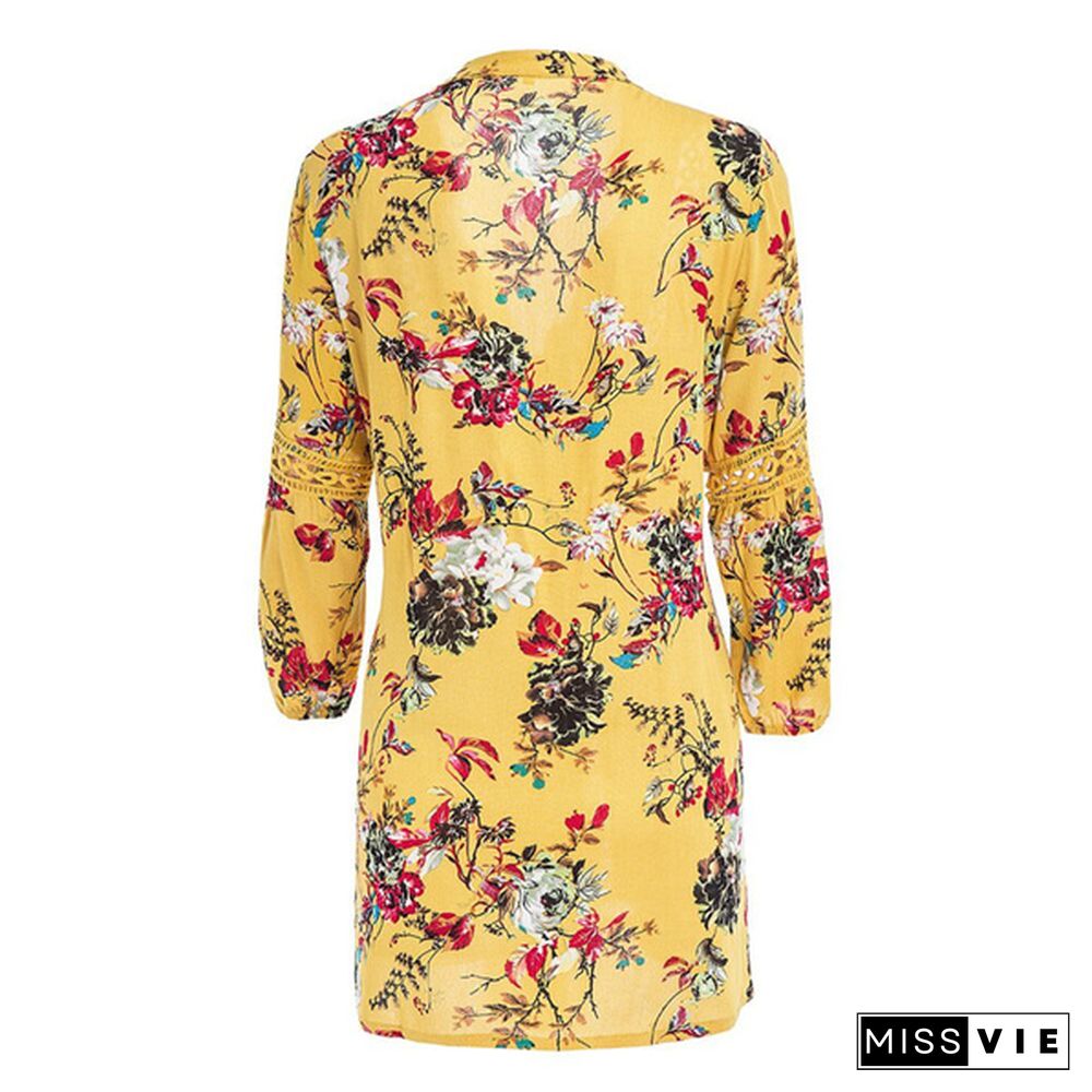 Women Summer Boho Floral Long Sleeve V-Neck Maxi Evening Party Beach Mini Dress Sundress S-XXL