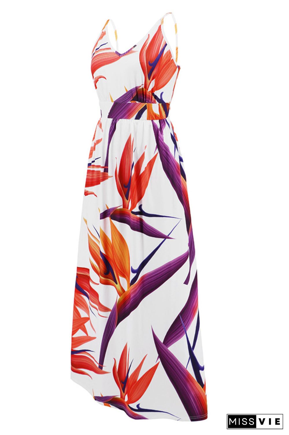 V Neck Floral Print High Waist Cami Maxi Dress