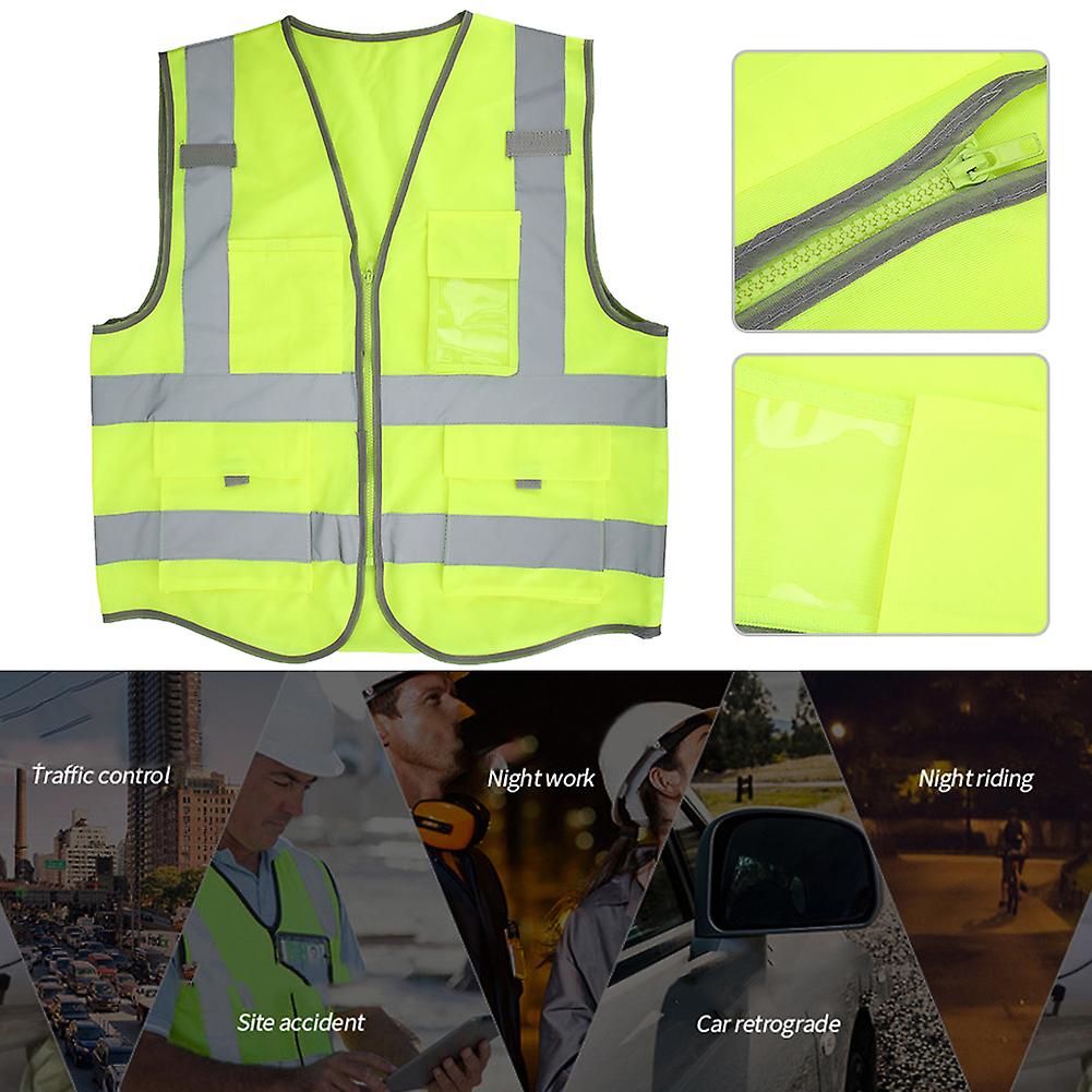 Fluorescent Green Reflective Vest Security Night Work Running Waistcoat With Zipperfluorescent Green