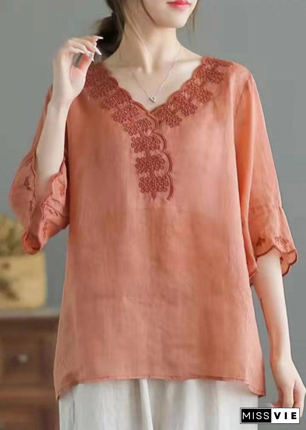 Boutique Orange V Neck Embroideried Linen Shirt Top Half Sleeve