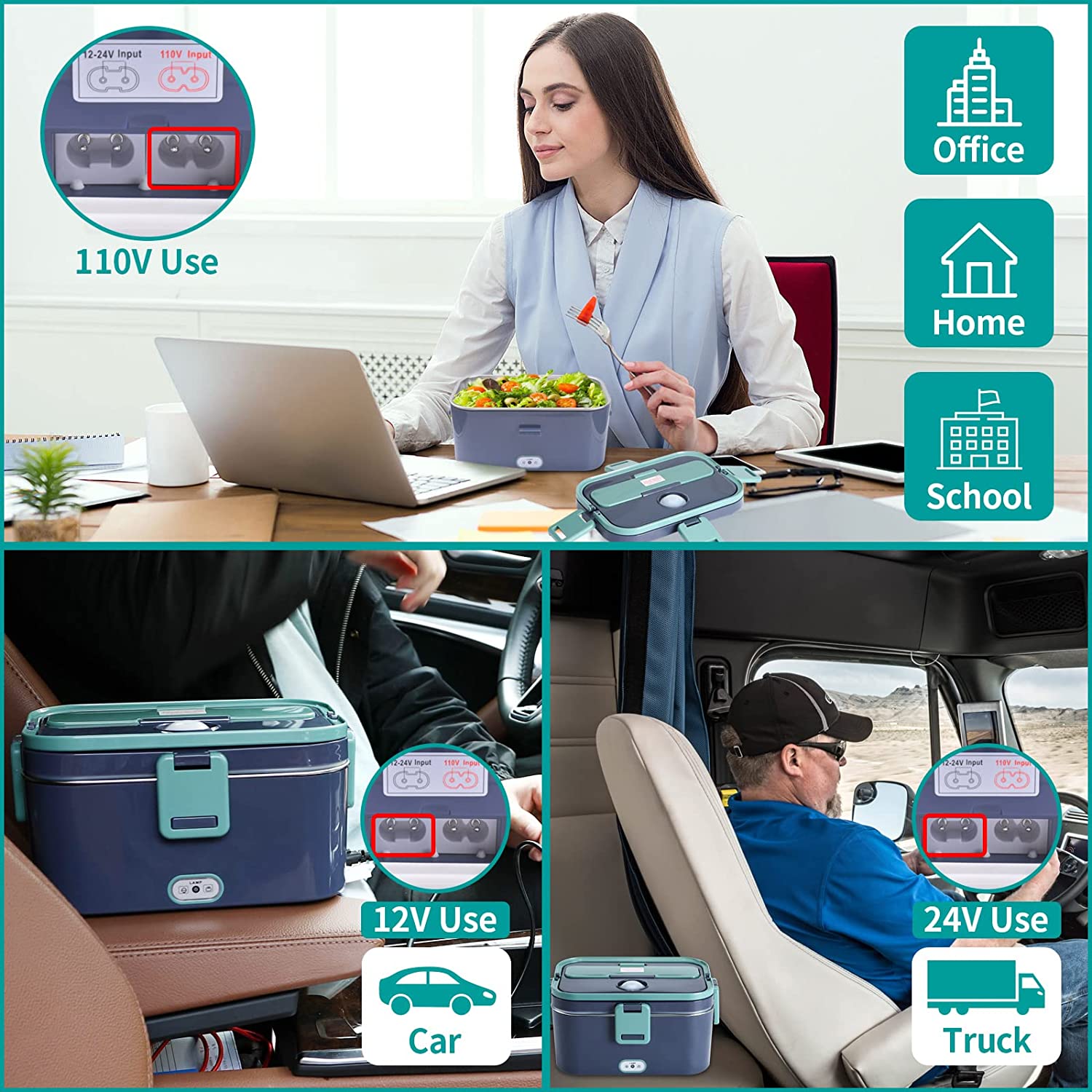 HOUFIY 60W Electric Lunch Box，12V 24V 110V 1.8L Portable Food Warmer Heater for Car/Home/Office