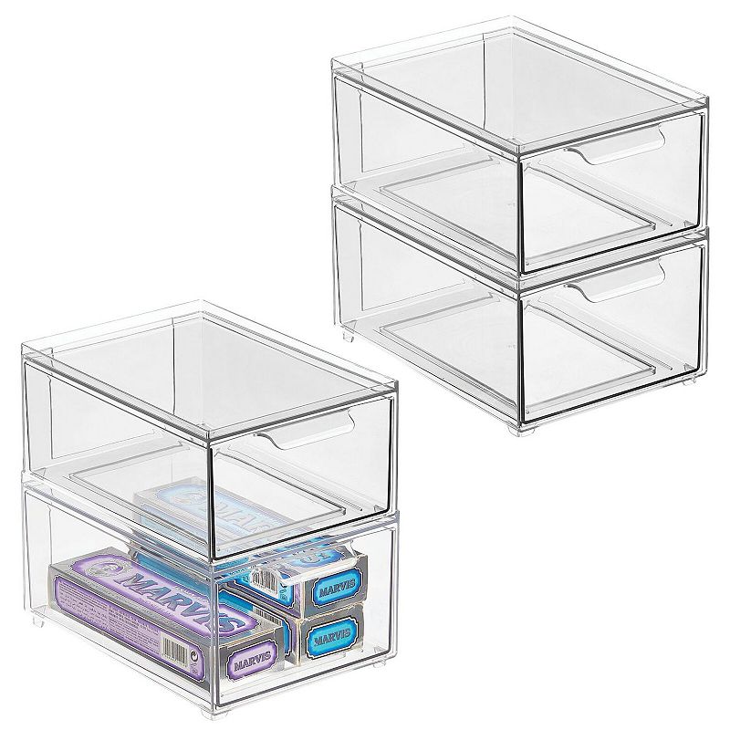 mDesign Clarity 8 x 6 x 4 Plastic Stackable Bathroom Storage Organizer with Drawer， 4 Pack