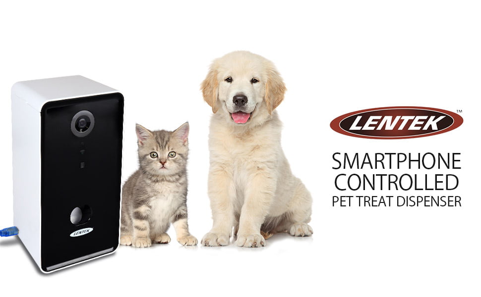 Lentek Smartphone-Controlled Pet Treat Dispenser with Camera and Two-Way Communication， WiFi-Enabled Programmable Treat Dispenser， 10 oz. Capacity， for Cats， Dogs， Rabbits， and more