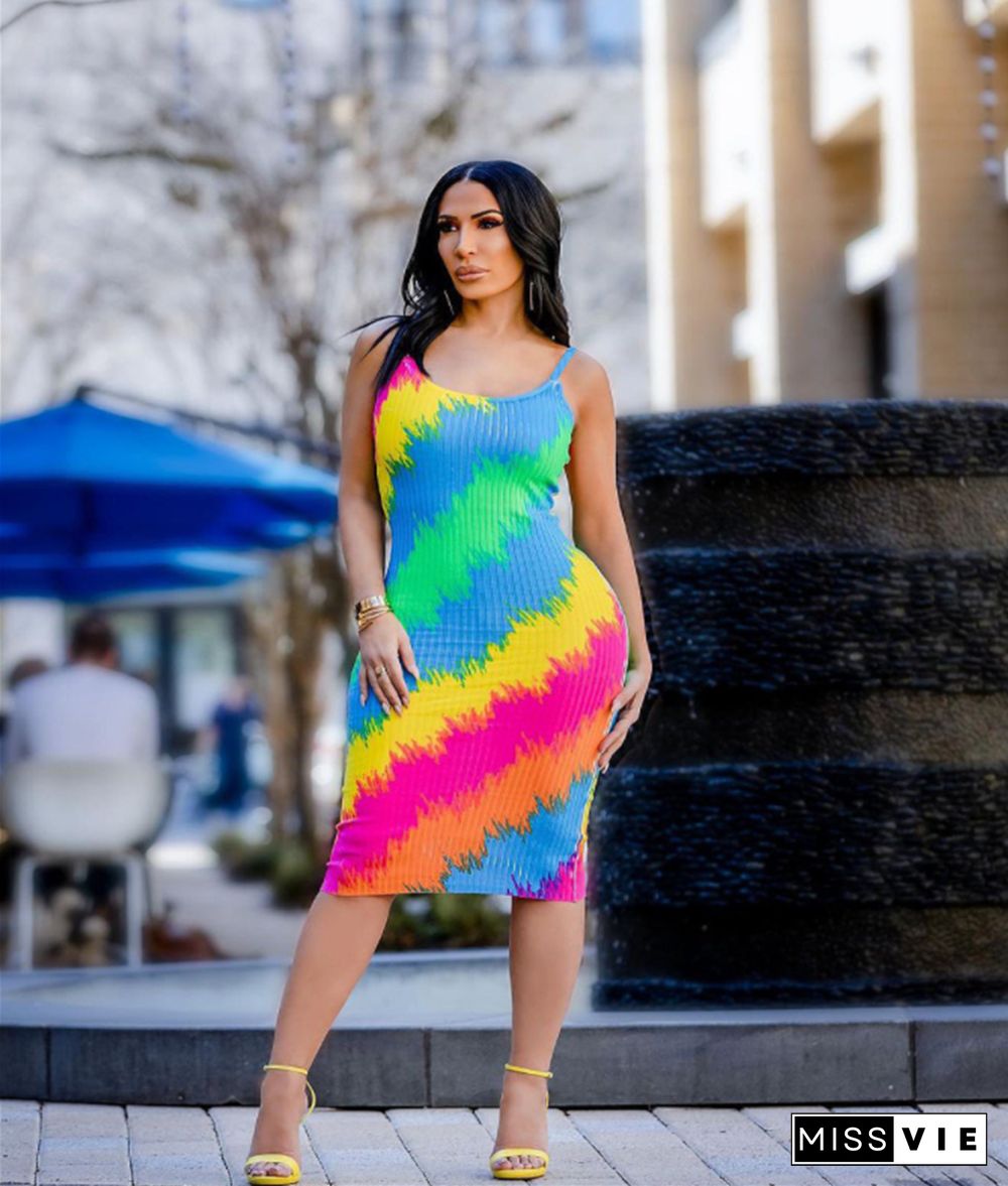 Tie Dye Striped Spaghetti Strap Skinny Midi Dresses