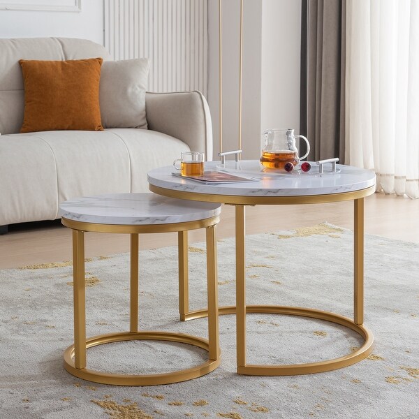 Modern Nesting Coffee Table， Metal Frame with Marble Color Top-23.6