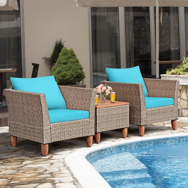 3PCS Patio Rattan Bistro Furniture Set Wood Table Top Cushion Sofa Red - Overstock - 37181388