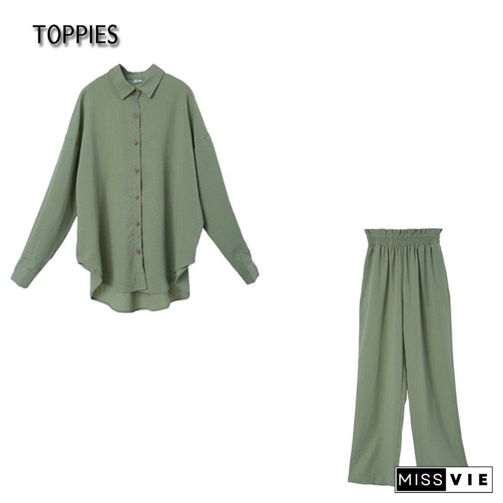 Toppies Women Two Piece Set Casual Shirt Office Lady Long Sleeve Blouse Chic Elastic Waist Summer Long Trousers Pants