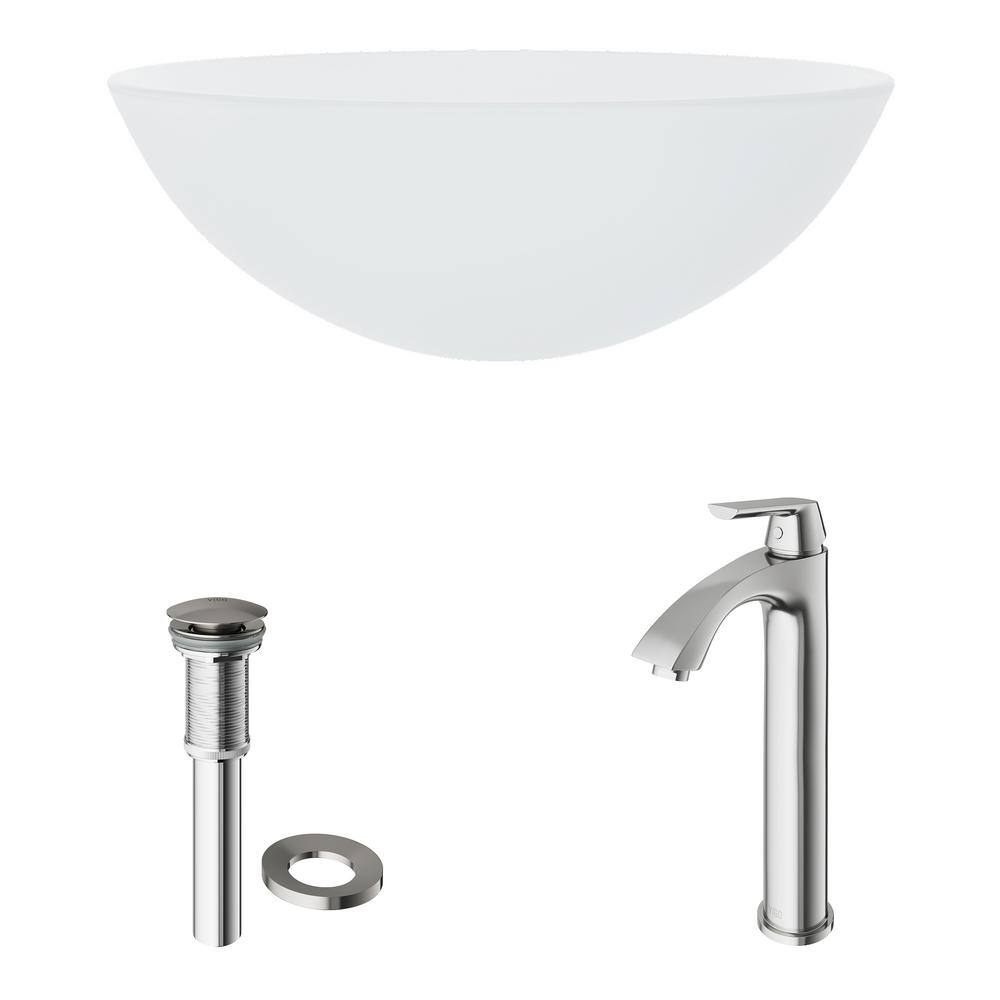 VIGO Glass Round Vessel Bathroom Sink in Frosted White with Linus Faucet and Pop-Up Drain in Brushed Nickel VGT1091