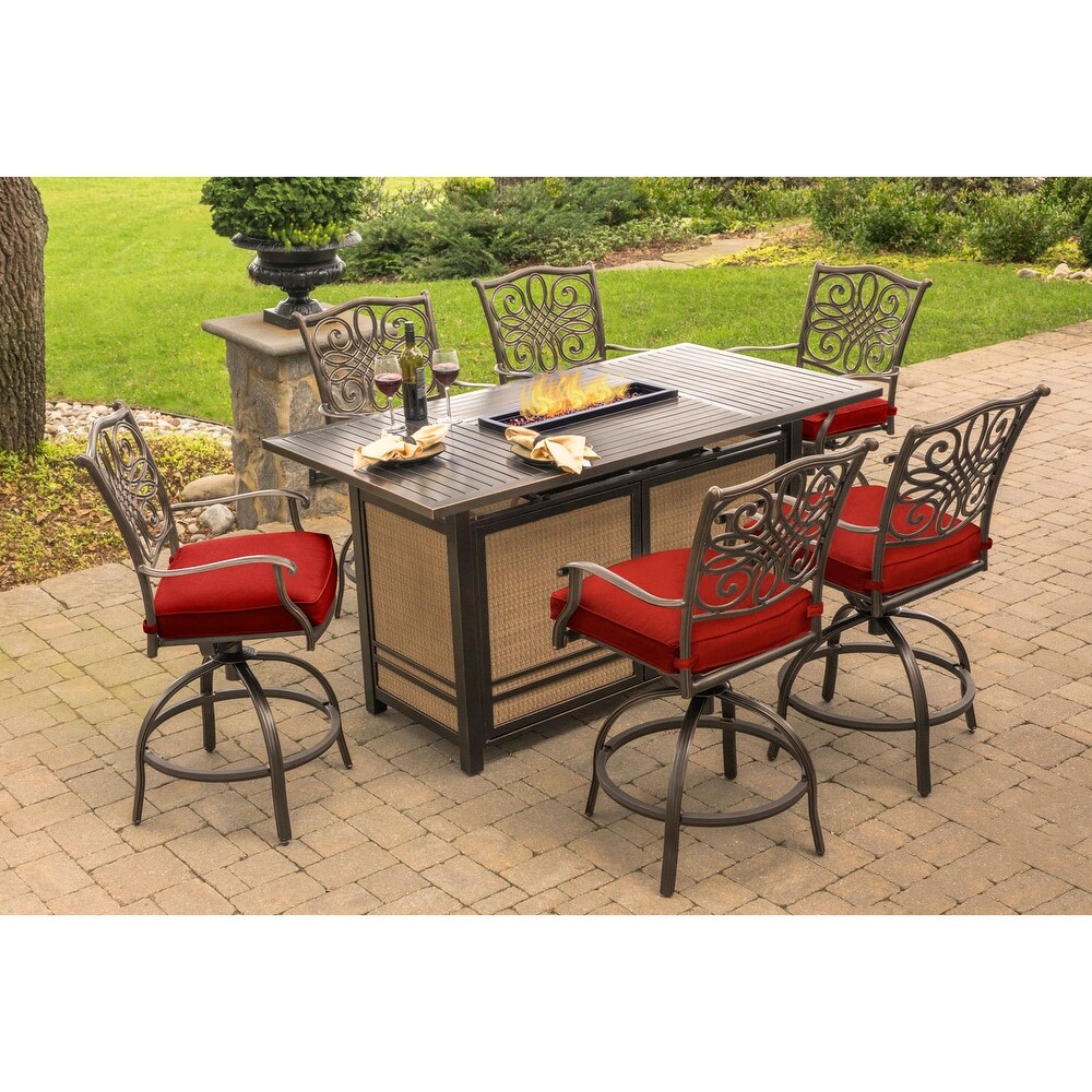 Hanover Traditions 7 Piece High Dining Set in Red with 30 000 BTU Fire Pit Table