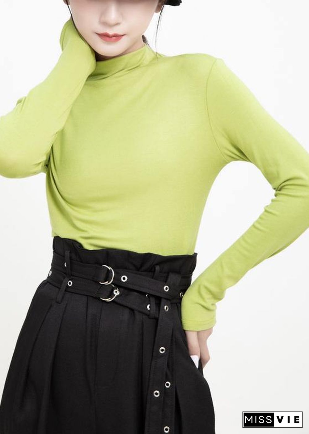 DIY elastic cotton high neck Blouse Inspiration green tops