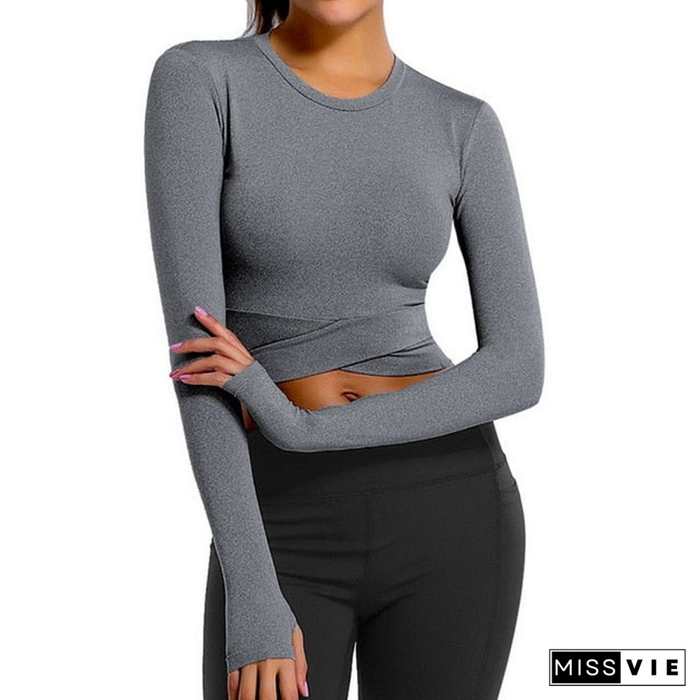 Women Long Sleeve Running Shirts Sexy Exposed Navel Yoga T-Shirts Solid Sports Shirts Quick Dry Fitness Gym Crop Tops Sport Wear