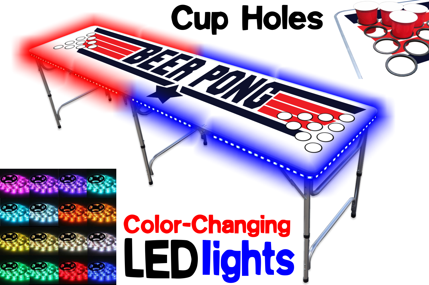 8-Foot Professional Beer Pong Table w/ Cup Holes & LED Glow Lights - Top Pong Edition