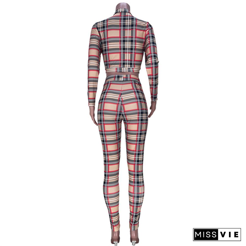 Autumn New Women Plaid Print Bandage Long Sleeve Sexy Crop Top Streetwear 2 Piece Pants Set