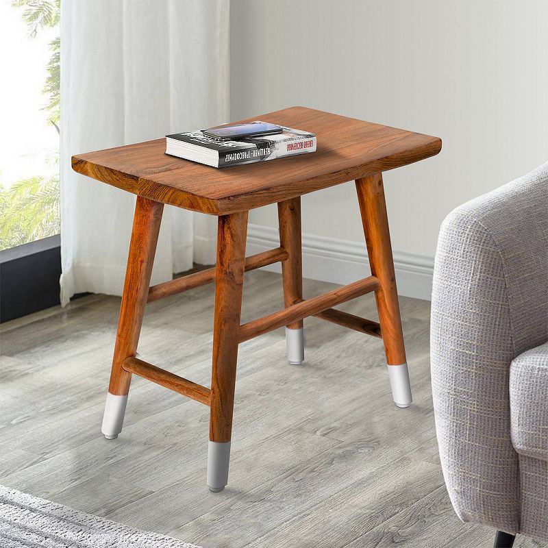 18 Inch Rectangular Acacia Wooden Side Table with Angled Legs， Warm Brown