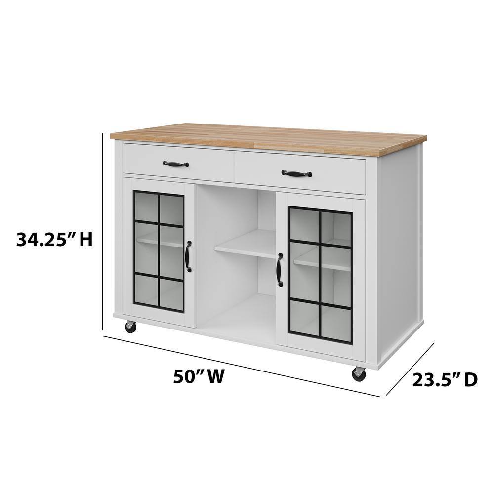 Twin Star Home Brilliant White and Wood Top 50 in. Kitchen Island with Cabinets and Optional Casters KC8671-PF08