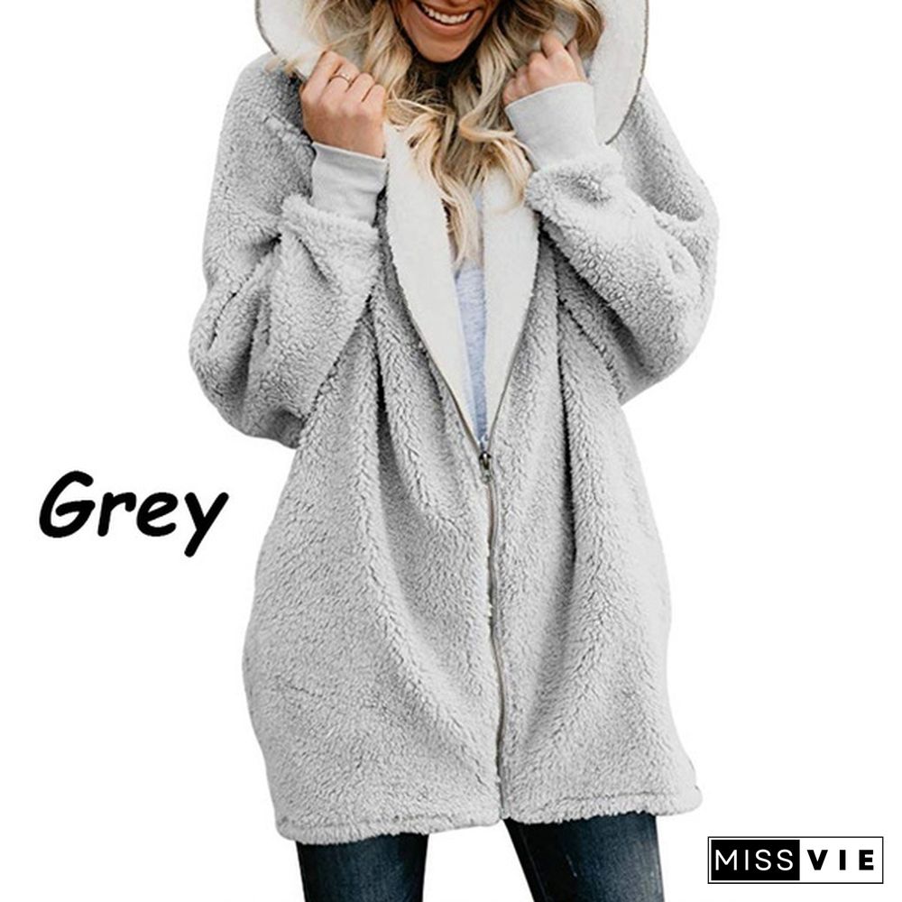 Women Coat Winter Warm Coat Women Casual Zipper Hoodie Fluffy Hooded Cotton-padded Jacket Wool Sweatshirts Outwear 9 Colors Size:S-5XL