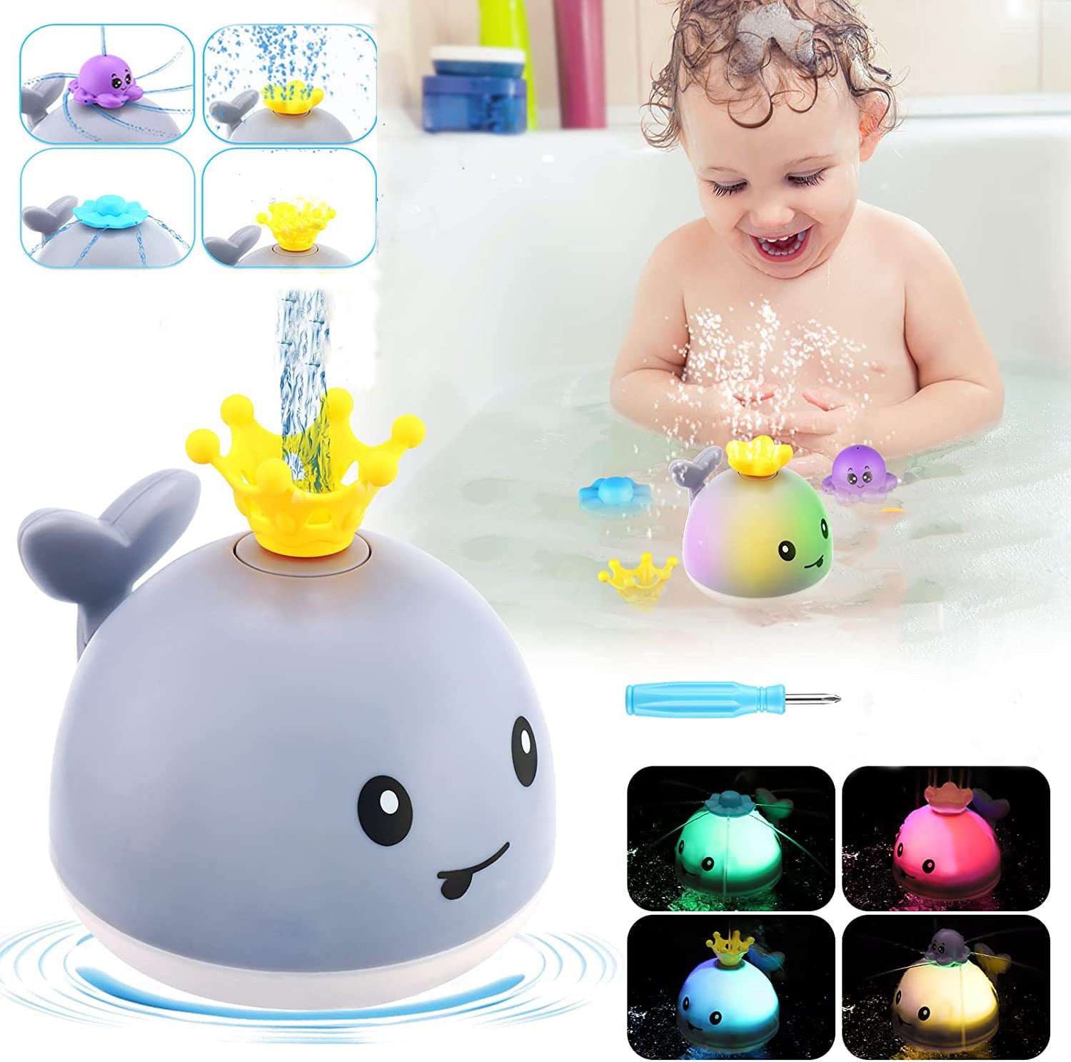 BESSNINI Baby Bath Toys， Cute Toddler Whale Light-up Spraying Bathtub Toys for Baby Infants Boys Girls with 4 Water Spraying Modes Gray