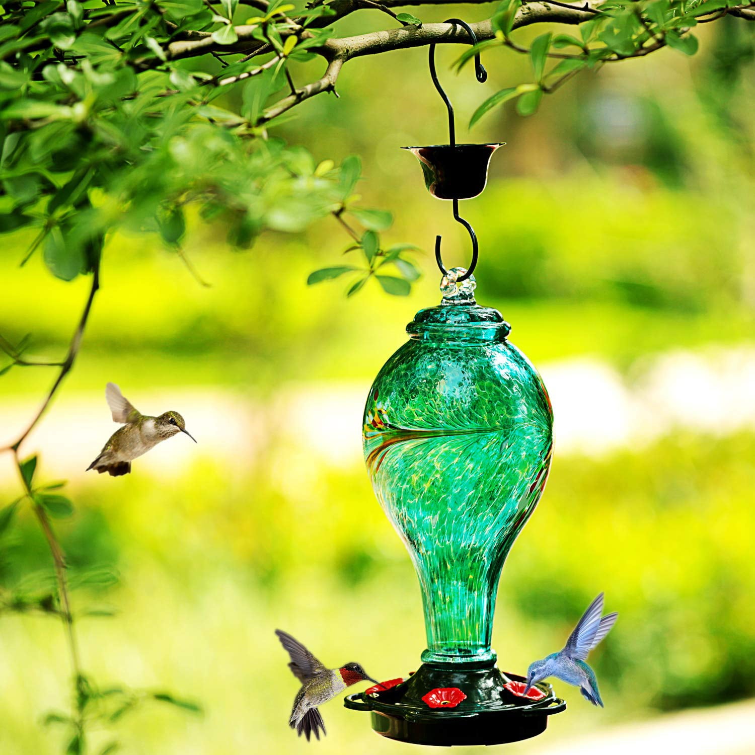 LUJII Hummingbird Feeder， Hand Blown Glass Hummingbird Feeder， Never Fade， 36 Fluid Ounces， 5 Feeding Metal Stations， Much Bigger， Garden Backyard Decorative， Containing Ant Moat， Teal