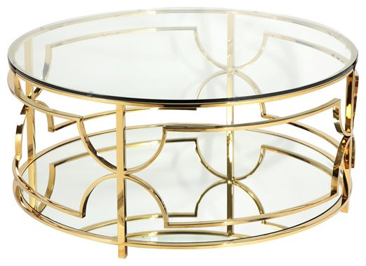 Pangea Home Edward Metal Round Coffee Table with Glass in Polished Gold   Contemporary   Coffee Tables   by Homesquare  Houzz