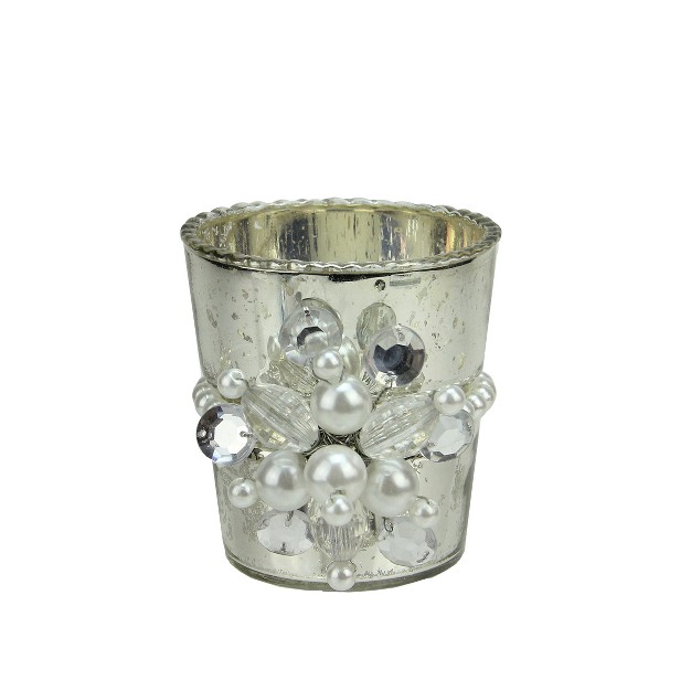 Glamour Time Hayworth Platinum Silver Glass Votive Candleholder With Pearl Jewel