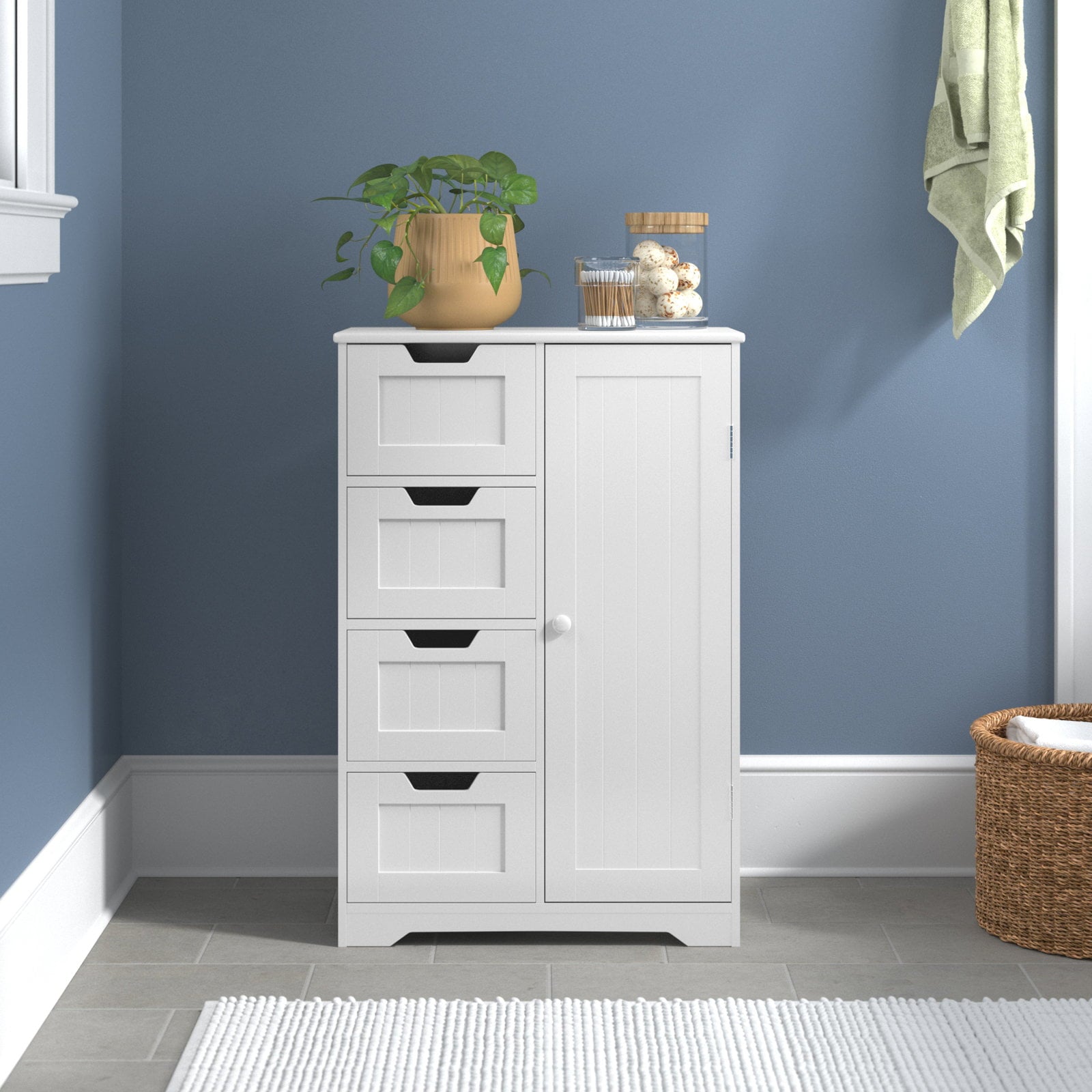 Homfa 4 Drawer Storage Cabinet, Wooden Cupboard Linen Bathroom Cabinet, White Finish