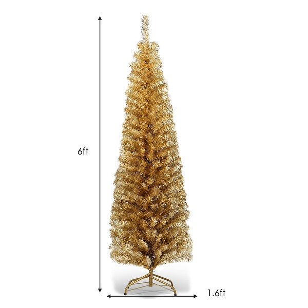 Costway 6FT Tinsel Tree Slim Pencil Christmas Tree Silver Champagne