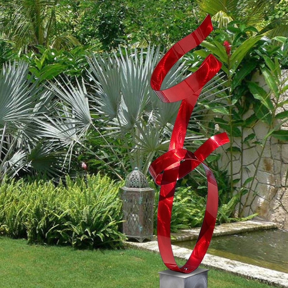 Statements2000 Large Metal Garden Sculpture Modern Yard Art Indoor Outdoor Decor by Jon en   Red ure with Silver Base