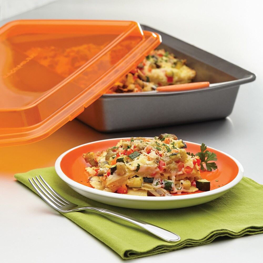 Rachael Ray Nonstick Bakeware 9 x 13 inch Grey with Orange Lid and Handles Covered Cake Pan