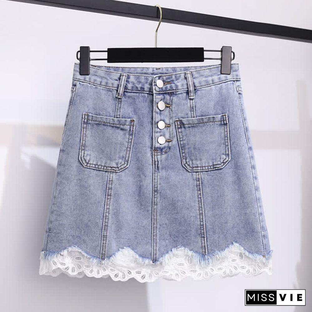 Doll Collar Bowknot Knitted T-Shirt High Waist Denim Skirt