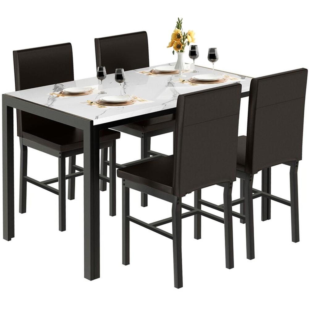 Mieres 5 Piece Dining Table Set with Faux Marble Top and 4 PU Leather Upholstery Chairs for Kitchen Dining Room