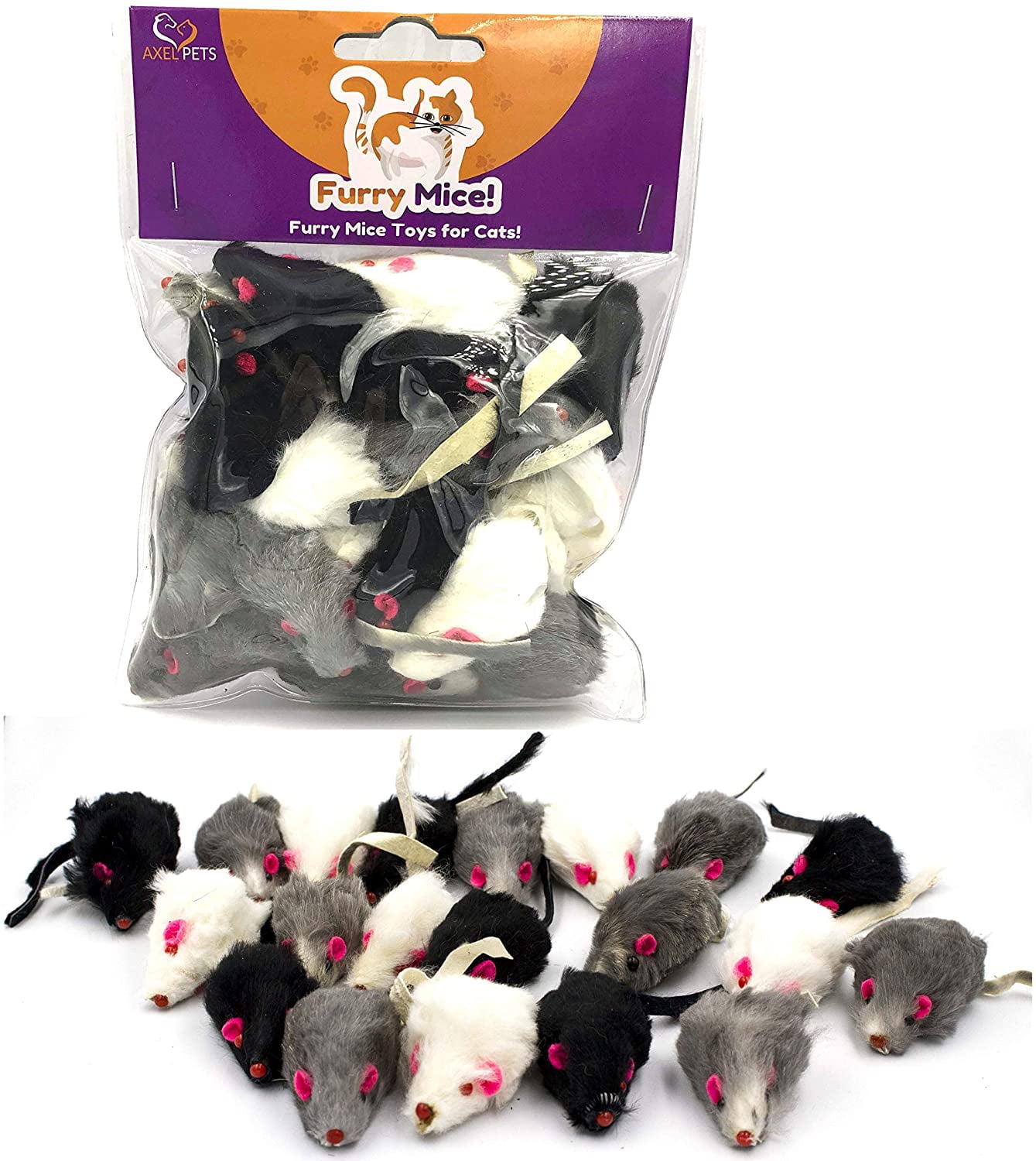 AXEL PETS 20 Furry Mice with Catnip and Rattle Sound Interactive Catch Play Mouse Toy for Cat， Pack of 20 Mice