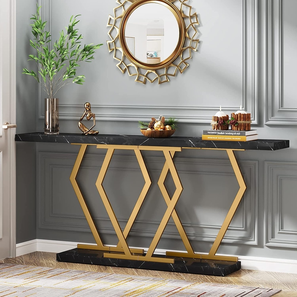 70.9 Inches Modern Console Table  Extra Long Sofa Table with Faux Marble Tabletop and Gold Base