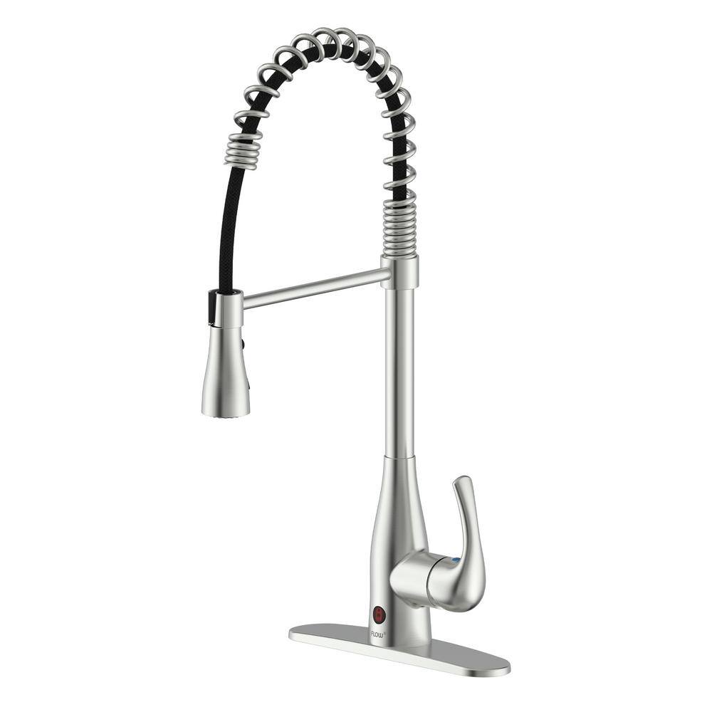 FLOW Motion Activated Single-Handle Pull-Down Spring Neck Sprayer Kitchen Faucet in Brushed Nickel SpringNeck-BN