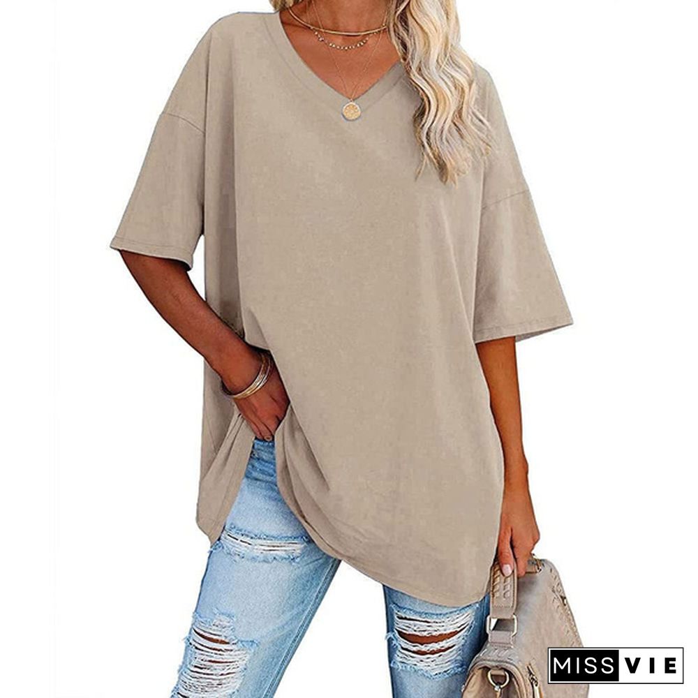 XS-8XL Spring Summer Tops Plus Size Fashion Clothes Women's Casual Short Sleeve Tee Shirts Ladies O-neck Blouses Solid Color Oversized Pullover Tops Half Sleeve Loose T-shirt Beach Wear Cotton T-shirt