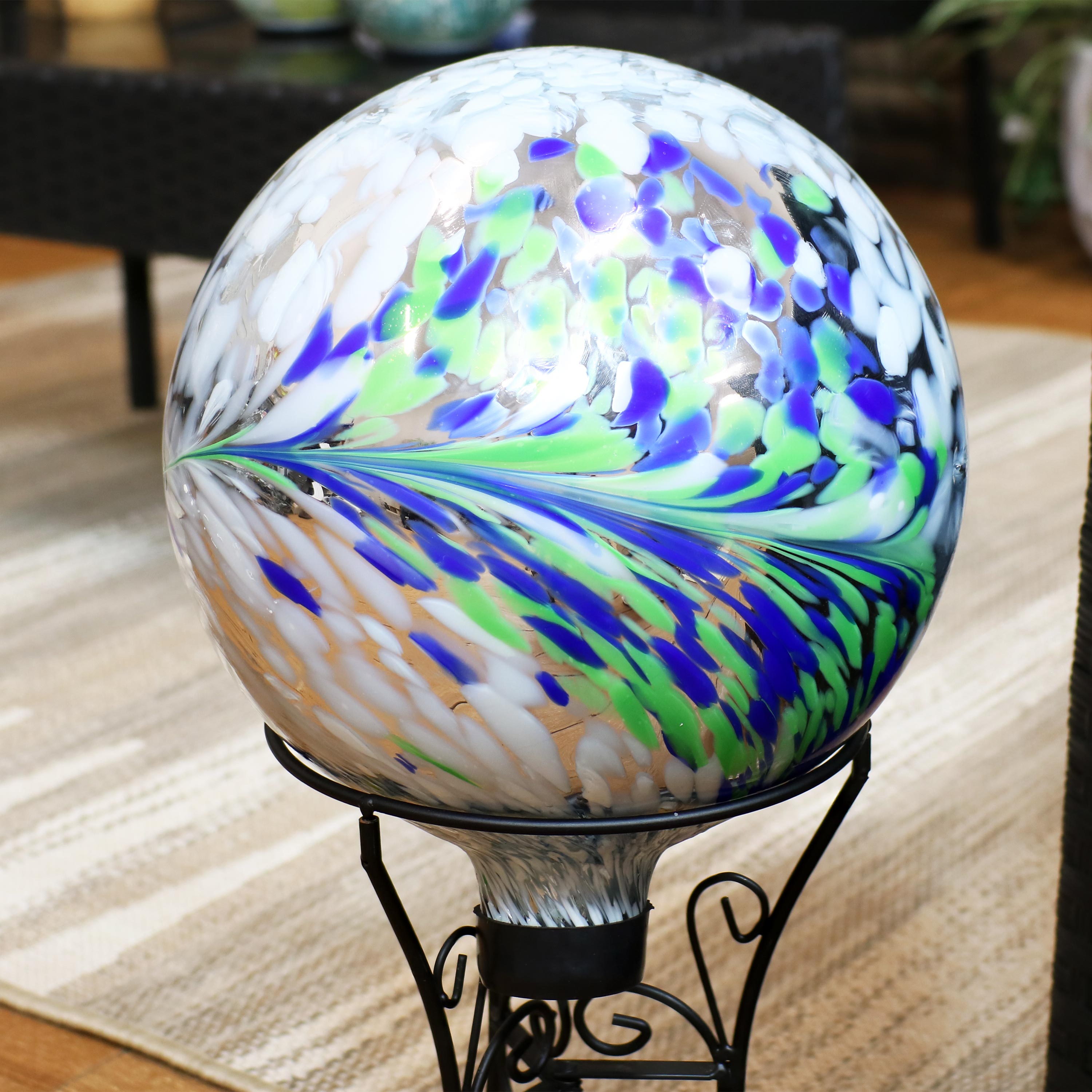 Sunnydaze Floral Spring Splash Gazing Globe - 10" Diameter - White, Blue, and Green