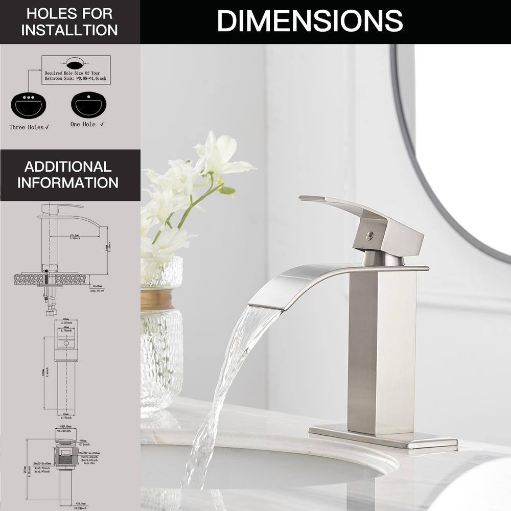 BWE Waterfall Single Hole Single-Handle Low-Arc Bathroom Faucet With Pop-up Drain Assembly in Brushed Nickel A-96021-N-2