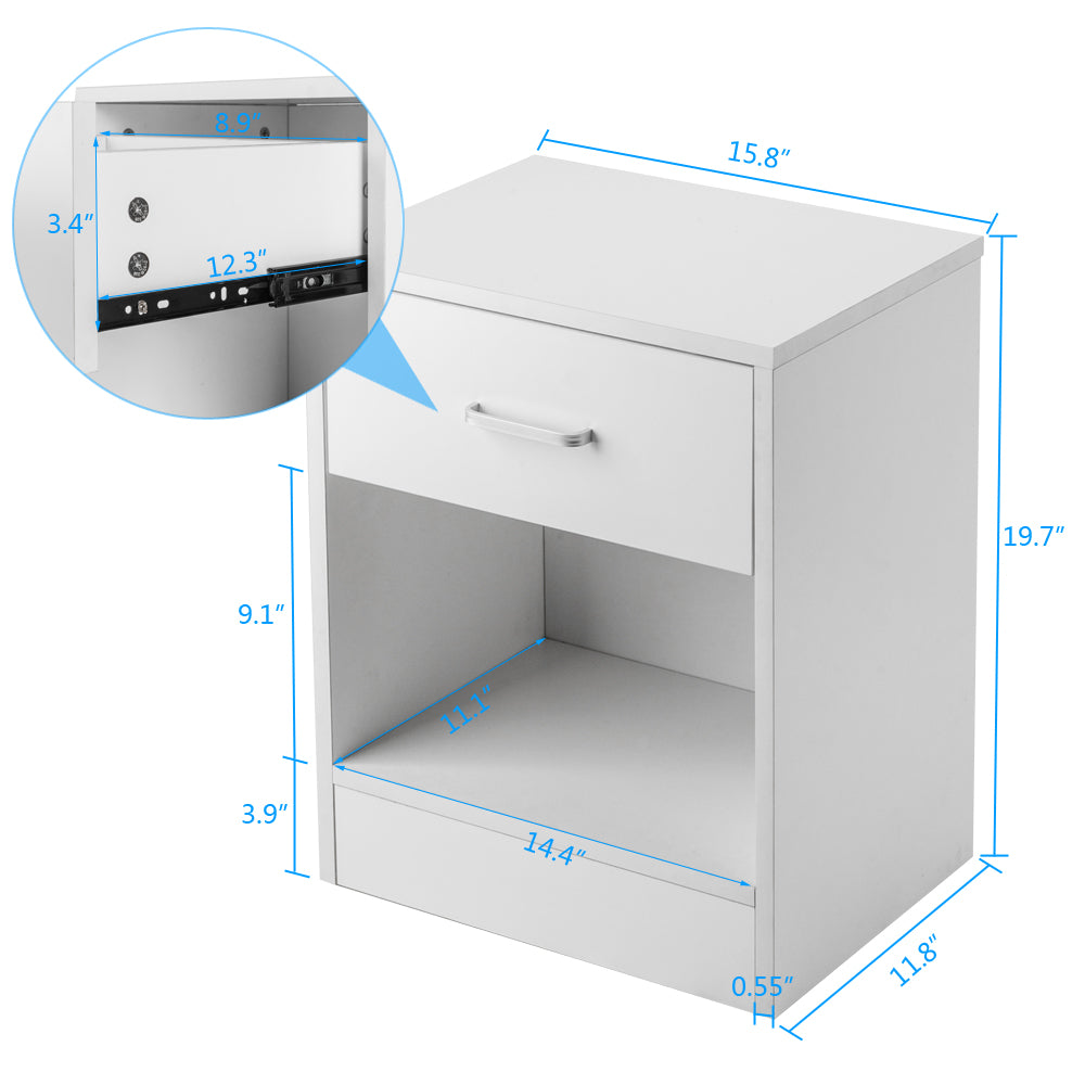 Lowestbest Nightstand Set of 2, Living Room Locker, End Table, Drawer Nightstand, Bedside Table for Bedroom, Storage Shelves and Drawer, White