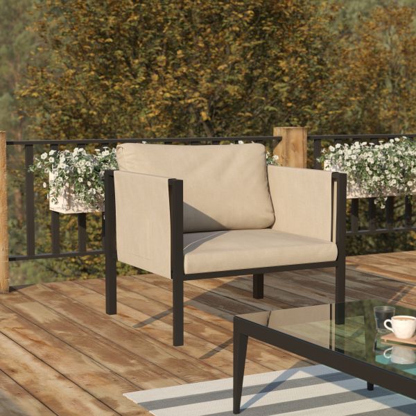 Lea Indoor/Outdoor Patio Chair with Cushions - Modern Steel Framed Chair with Storage Pockets， Black with Beige Cushions