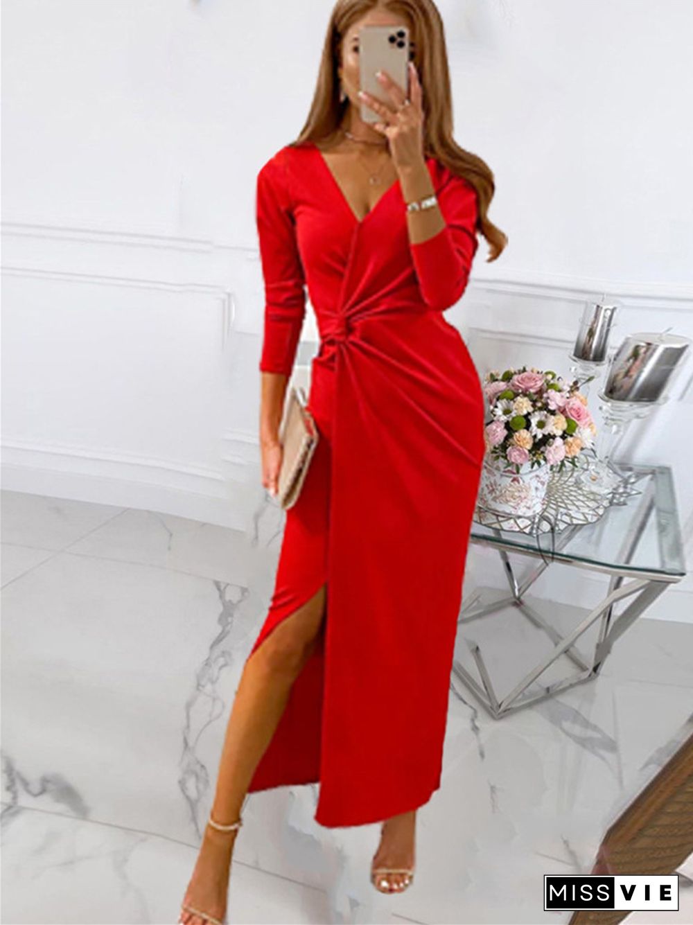 Solid Color Wrapped Chest Long Temperament Commuter V-neck Dress